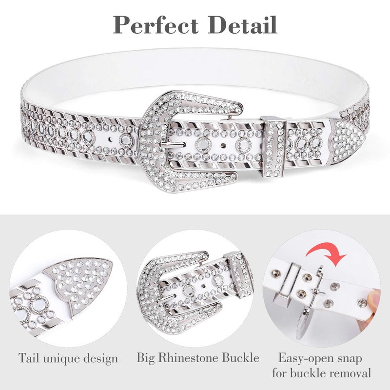 SUOSDEY Rhinestone Belt for Men Women Western Cowboy Cowgirl Bling Studded Leather Belt for Jeans Pants,White,XXL - Image 3